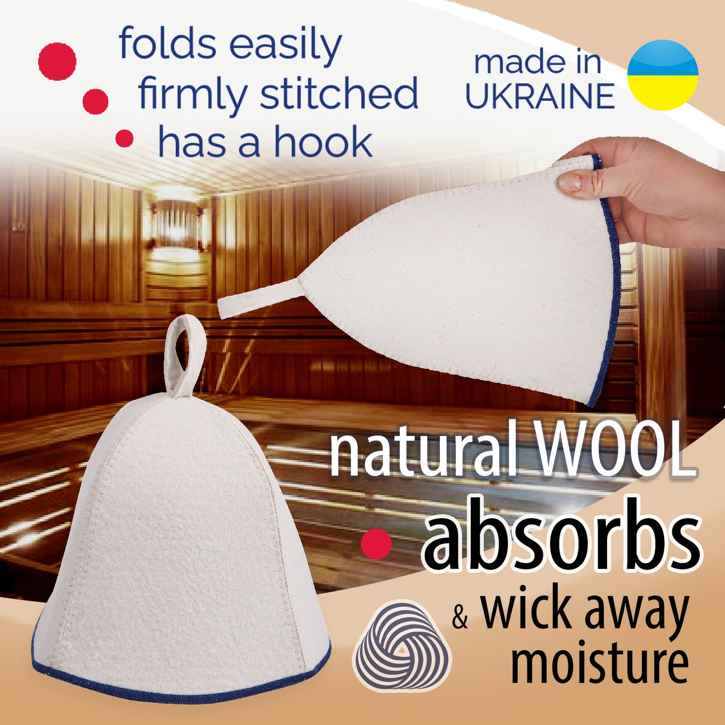 PetriStor Sauna Hat Comfort - Sauna Hat for Women - Wool Sauna Hat - Sauna Hat for Men - Bathhouse hat - Natural Felt Sauna Cap (White with Blue)