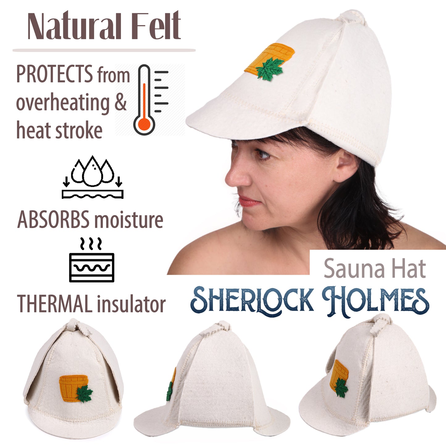 PetriStor Sauna Hat Sherlock Holmes - Sauna Hat for Men - Wool Sauna Hat - Sauna Hat for Women - Bathhouse hat - Natural Felt Sauna Cap (White)