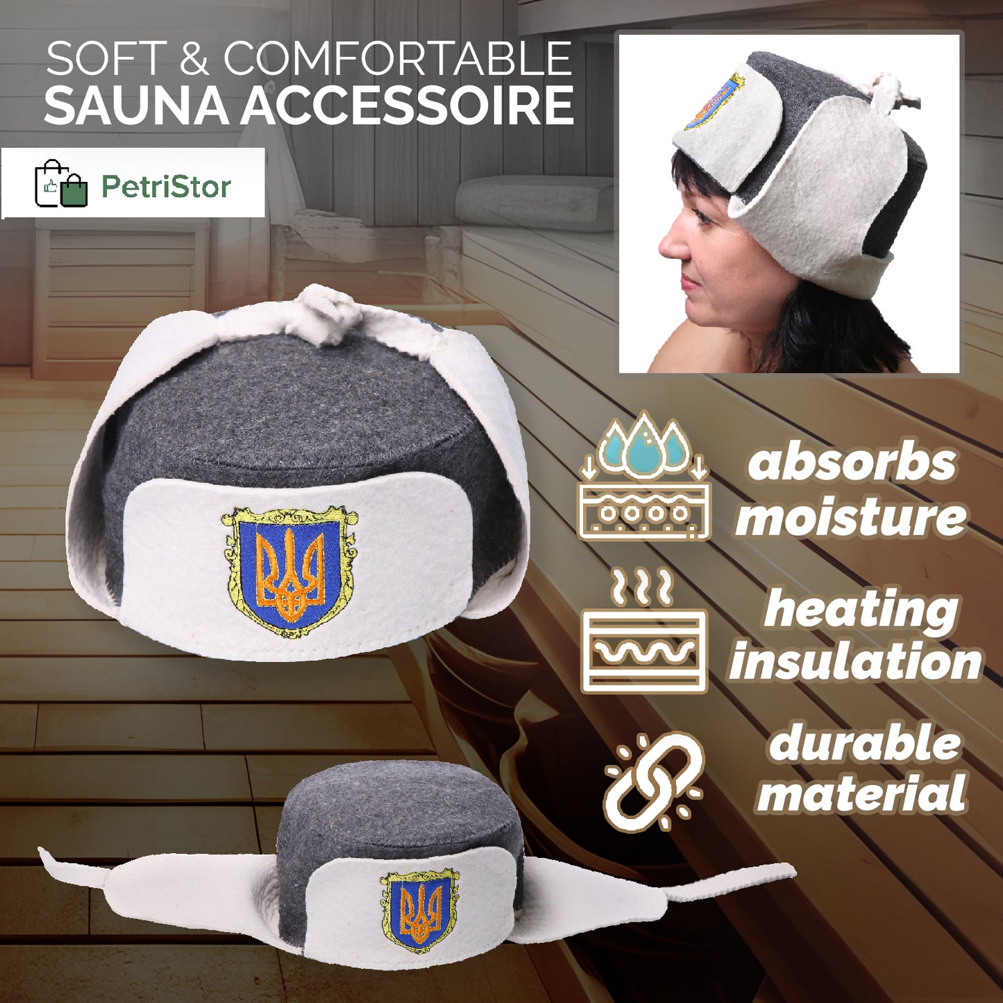 PetriStor Traditional Sauna Hat Earflap - Sauna Hat for Women - Wool Sauna Hat - Sauna Hat for Men - Bathhouse hat - Natural Felt Sauna Cap (White)