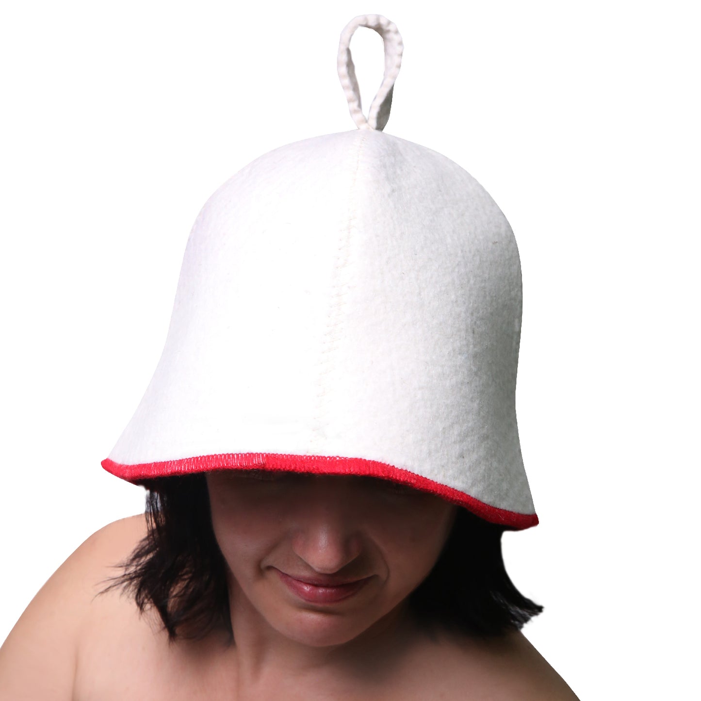 PetriStor Sauna Hat Comfort - Sauna Hat for Women - Wool Sauna Hat - Sauna Hat for Men - Bathhouse hat - Natural Felt Sauna Cap (White with red)