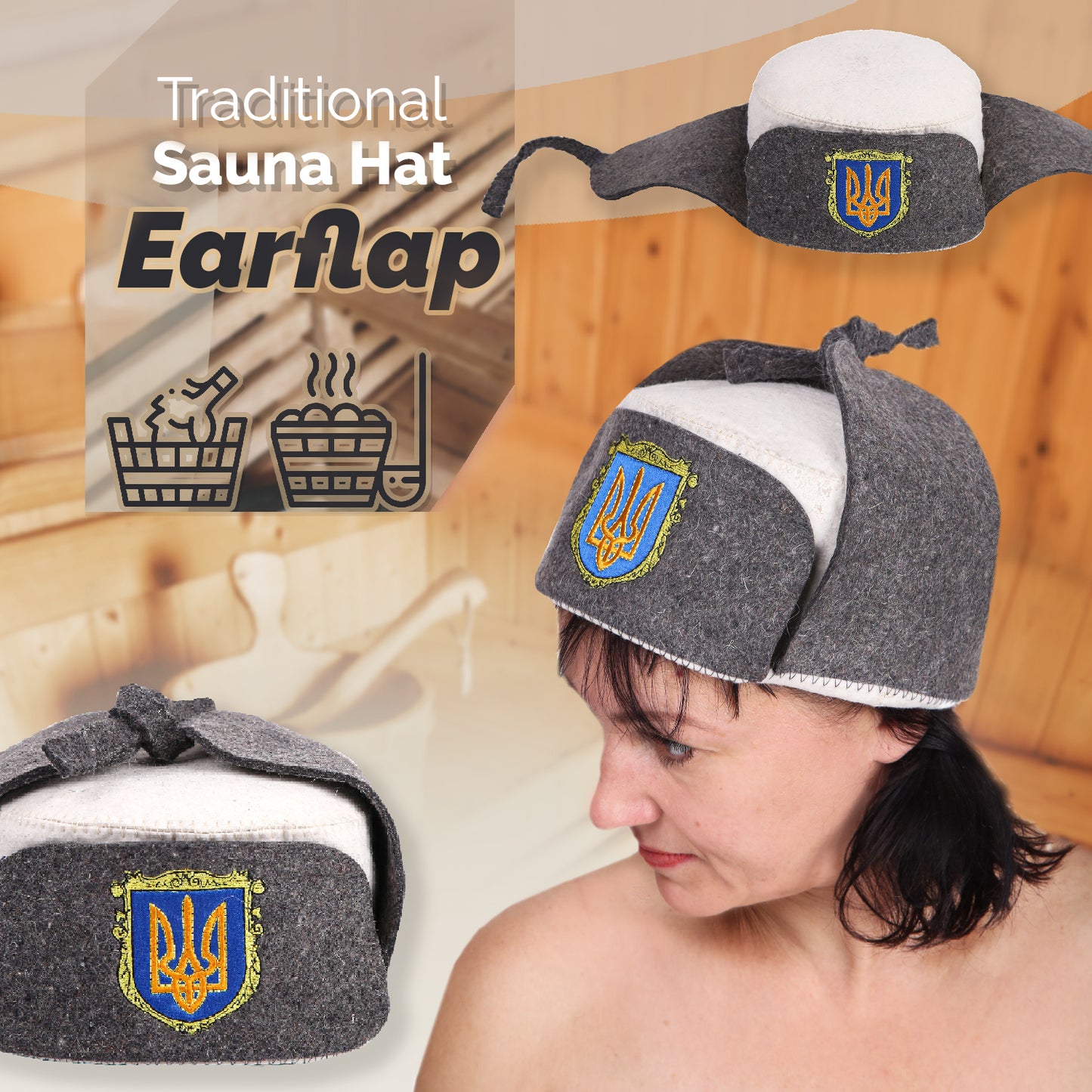 PetriStor Traditional Sauna Hat Earflap - Sauna Hat for Women - Wool Sauna Hat - Sauna Hat for Men - Bathhouse hat - Natural Felt Sauna Cap (Gray)