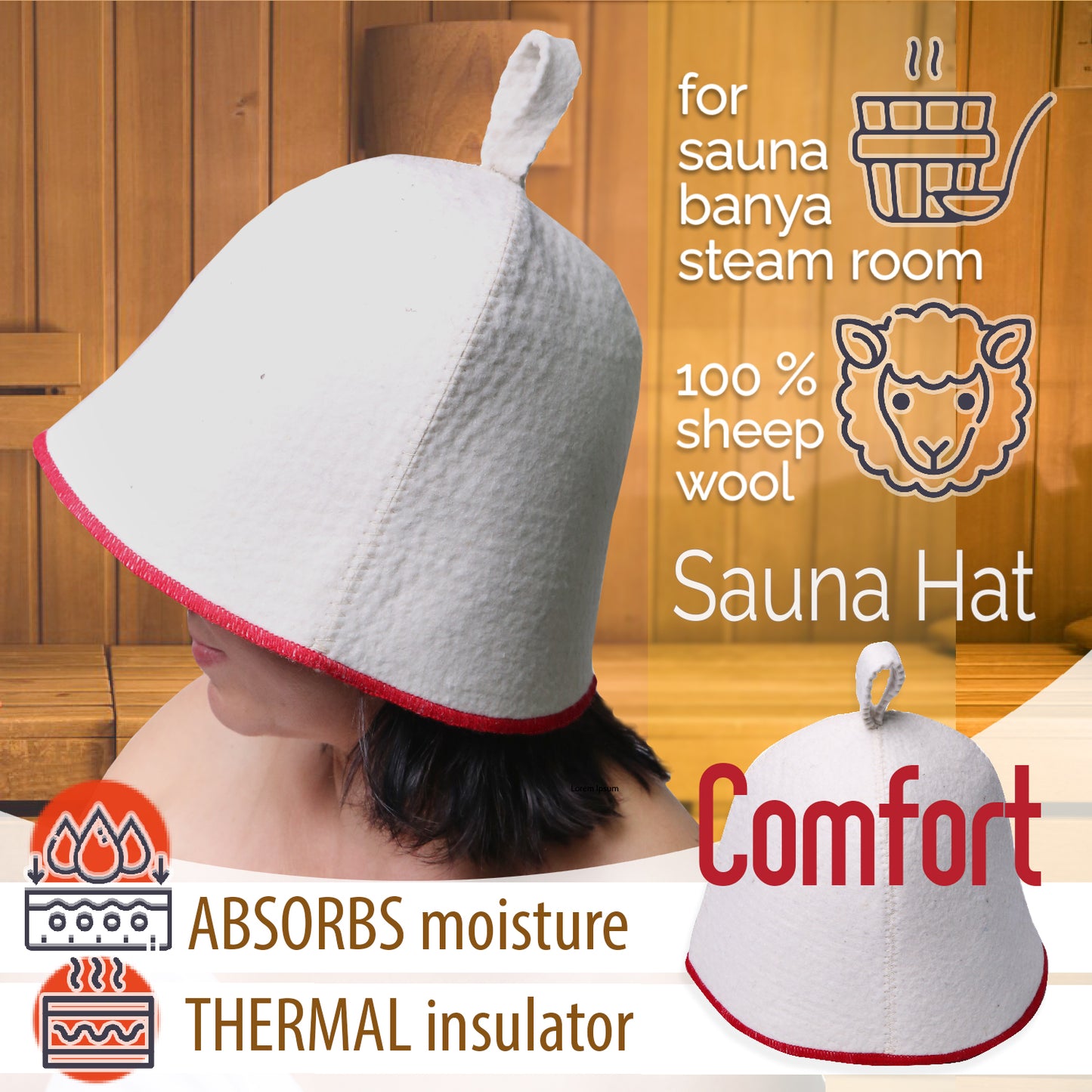PetriStor Sauna Hat Comfort - Sauna Hat for Women - Wool Sauna Hat - Sauna Hat for Men - Bathhouse hat - Natural Felt Sauna Cap (White with red)