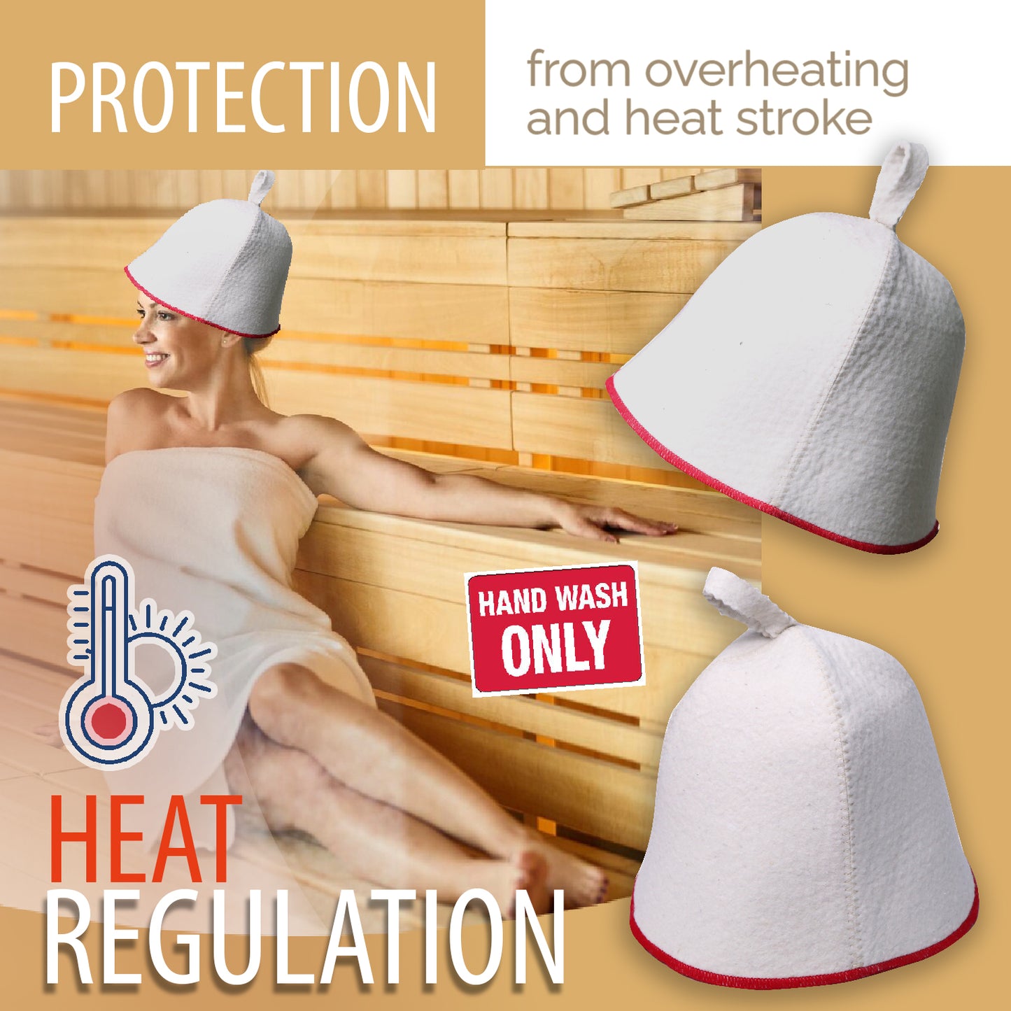 PetriStor Sauna Hat Comfort - Sauna Hat for Women - Wool Sauna Hat - Sauna Hat for Men - Bathhouse hat - Natural Felt Sauna Cap (White with red)