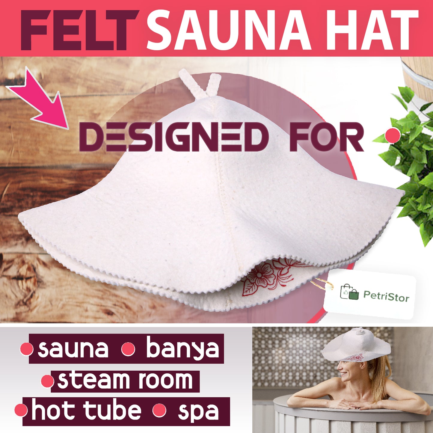 PetriStor Sauna Hat for Women Flower Wool Finnish Bathhouse Natural Felt Cap
