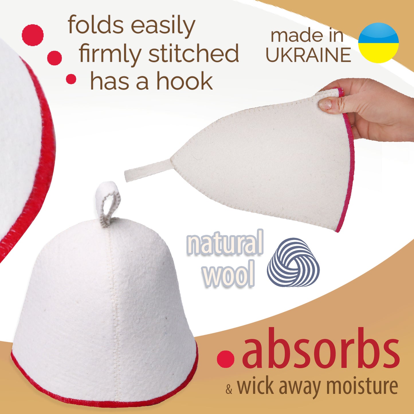 PetriStor Sauna Hat Comfort - Sauna Hat for Women - Wool Sauna Hat - Sauna Hat for Men - Bathhouse hat - Natural Felt Sauna Cap (White with red)
