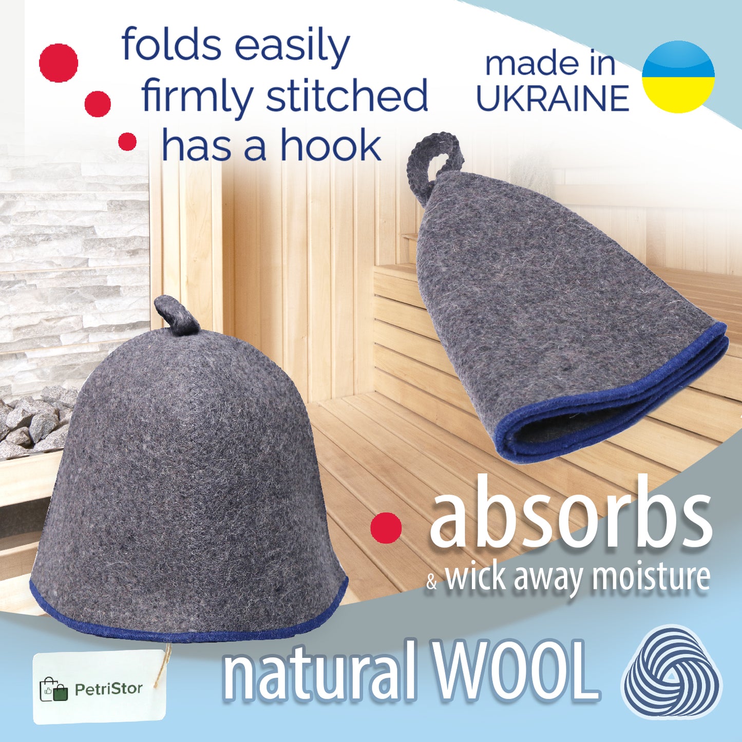 PetriStor Sauna Hat Comfort - Sauna Hat for Women Men - Wool Sauna Hat - Bathhouse hat - Natural Felt Sauna Cap (Gray with Blue) Unisex