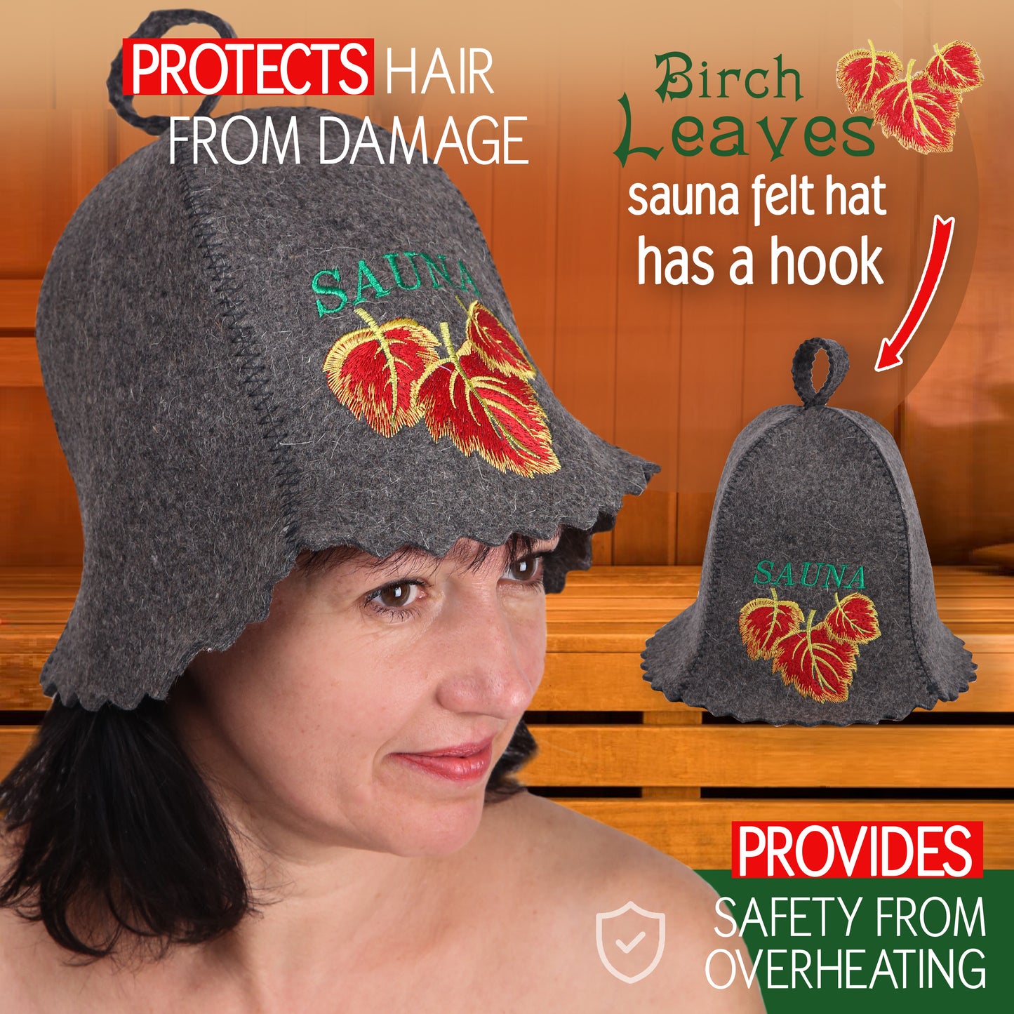Sauna Hat Birch Leafs - Sauna Hat for Women - Wool Sauna Hat - Sauna Hat for Men - Bathhouse hat - Natural Felt Sauna Cap