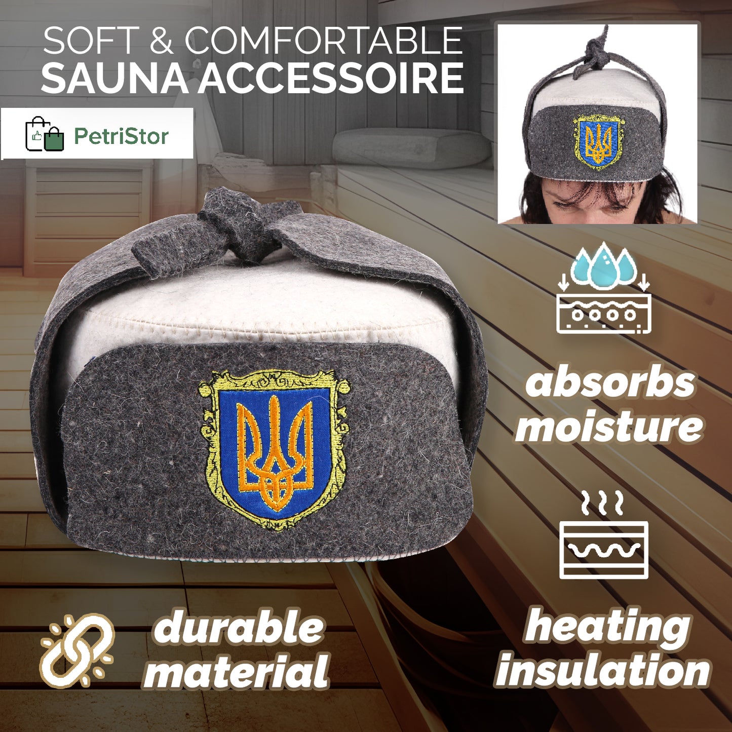 PetriStor Traditional Sauna Hat Earflap - Sauna Hat for Women - Wool Sauna Hat - Sauna Hat for Men - Bathhouse hat - Natural Felt Sauna Cap (Gray)