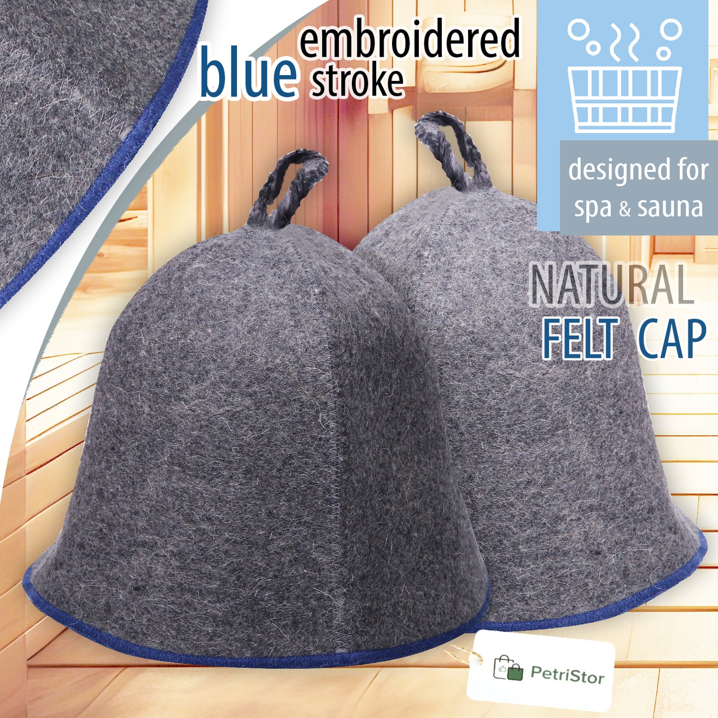 PetriStor Sauna Hat Comfort - Sauna Hat for Women Men - Wool Sauna Hat - Bathhouse hat - Natural Felt Sauna Cap (Gray with Blue) Unisex