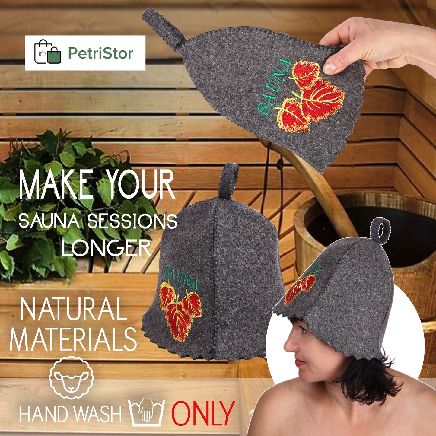 Sauna Hat Birch Leafs - Sauna Hat for Women - Wool Sauna Hat - Sauna Hat for Men - Bathhouse hat - Natural Felt Sauna Cap