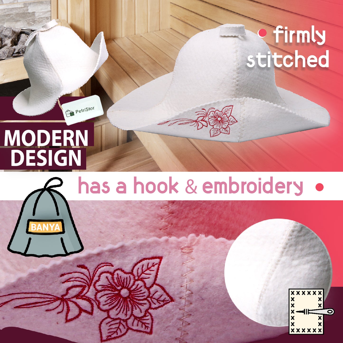 PetriStor Sauna Hat for Women Flower Wool Finnish Bathhouse Natural Felt Cap