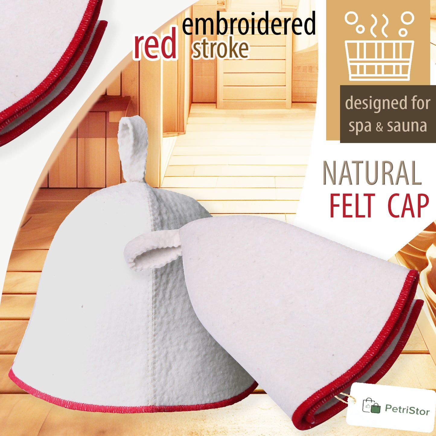 PetriStor Sauna Hat Comfort - Sauna Hat for Women - Wool Sauna Hat - Sauna Hat for Men - Bathhouse hat - Natural Felt Sauna Cap (White with red)