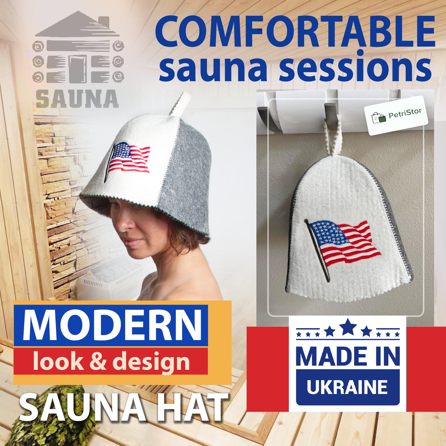 PetriStor Sauna Hat American Flag with Pole - Sauna Hat for Men - Finnish Bathhouse Hat - Natural Felt Sauna Cap - USA Flag