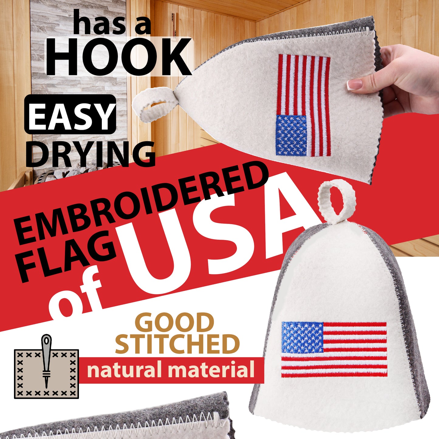 PetriStor Sauna Hat American Flag - Sauna Hat for Men - Finnish Bathhouse Hat - Natural Felt Sauna Cap - USA Flag