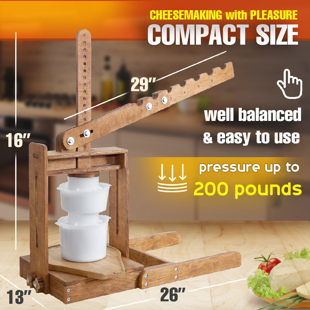 BIG Dutch Wooden Cheese Press - Cheese Making Kit (Wooden Cheese Press with Lever and 2 Cheese Molds 1,3 Qt, 2 Qt, 2 Cheeseclothes)-Cheese Press for Home Cheese Making pressure up to 400 lbs
