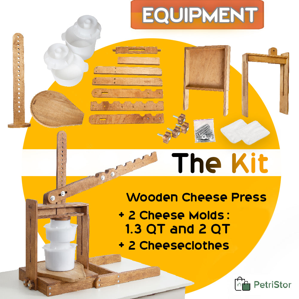 BIG Dutch Wooden Cheese Press - Cheese Making Kit (Wooden Cheese Press with Lever and 2 Cheese Molds 1,3 Qt, 2 Qt, 2 Cheeseclothes)-Cheese Press for Home Cheese Making pressure up to 400 lbs