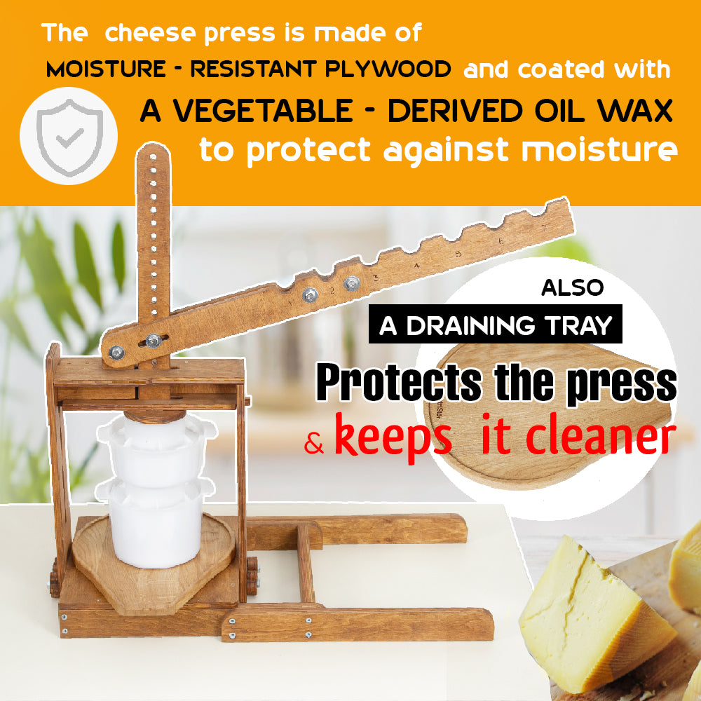 BIG Dutch Wooden Cheese Press - Cheese Making Kit (Wooden Cheese Press with Lever and 2 Cheese Molds 1,3 Qt, 2 Qt, 2 Cheeseclothes)-Cheese Press for Home Cheese Making pressure up to 400 lbs