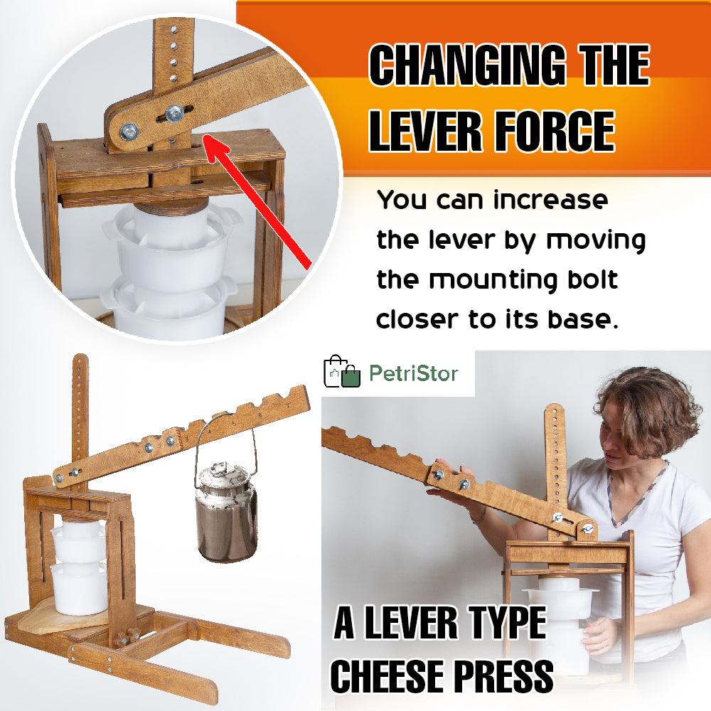 BIG Dutch Wooden Cheese Press - Cheese Making Kit (Wooden Cheese Press with Lever and 2 Cheese Molds 1,3 Qt, 2 Qt, 2 Cheeseclothes)-Cheese Press for Home Cheese Making pressure up to 400 lbs