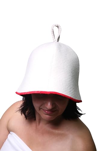 PetriStor Sauna Hat Comfort - Sauna Hat for Women - Wool Sauna Hat - Sauna Hat for Men - Bathhouse hat - Natural Felt Sauna Cap (White with red)