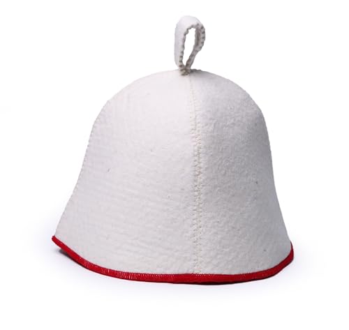 PetriStor Sauna Hat Comfort - Sauna Hat for Women - Wool Sauna Hat - Sauna Hat for Men - Bathhouse hat - Natural Felt Sauna Cap (White with red)
