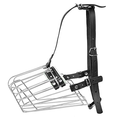 Dog Chrome Metal Muzzles Wire Basket Adjustable Leather Straps German Shepherd Reinforced (№1) Snout Circumference is 11. - 12.6 in Length is 4.3-4.7 in