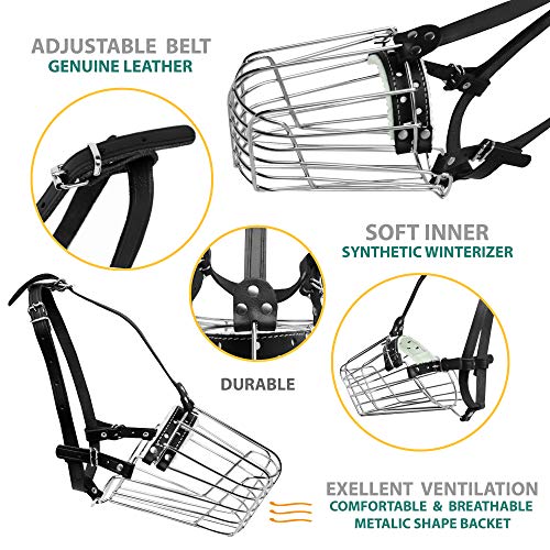 Dog Chrome Metal Muzzles Wire Basket Adjustable Leather Straps German Shepherd Reinforced (№2) Snout Circumference is 11.4-13.5 in, Length is 3.9-5.1 in. by PetriStor