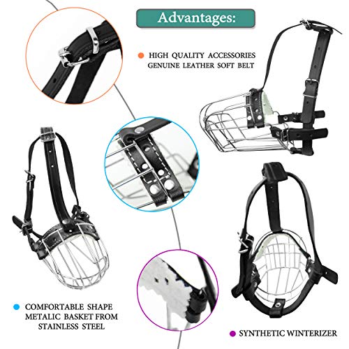 Dog Chrome Metal Muzzles Wire Basket Adjustable Leather Straps (№3+) Snout Circumference is 9.4-10.2 in, Length is 3.5-4.1 in