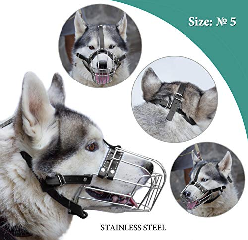 Dog Chrome Metal Muzzles №5 Wire Basket Genuine Leather Adjustable Leather Straps Circumference is 11.4-12.6 in, Length is 3.5-3.9 in