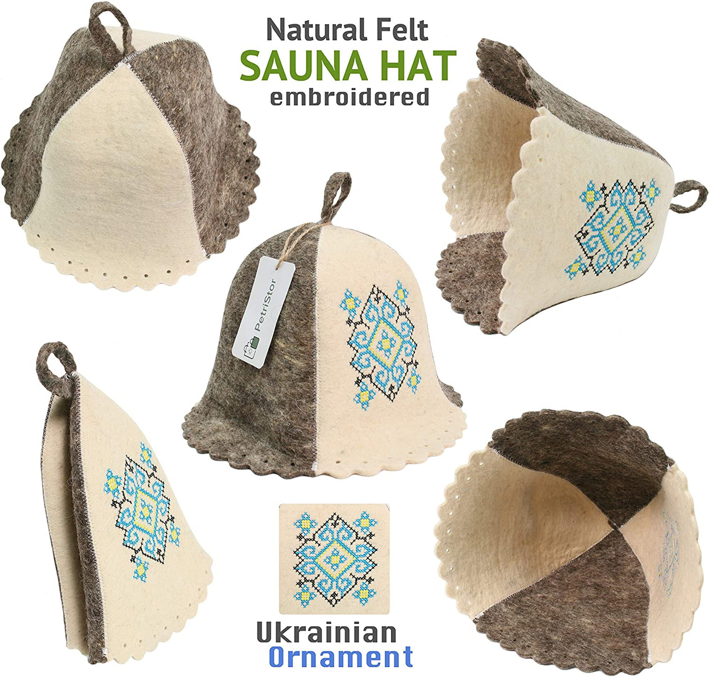 Sauna Hat Ukrainian Ornament Blue Hat for Man/Woman Natural Felt