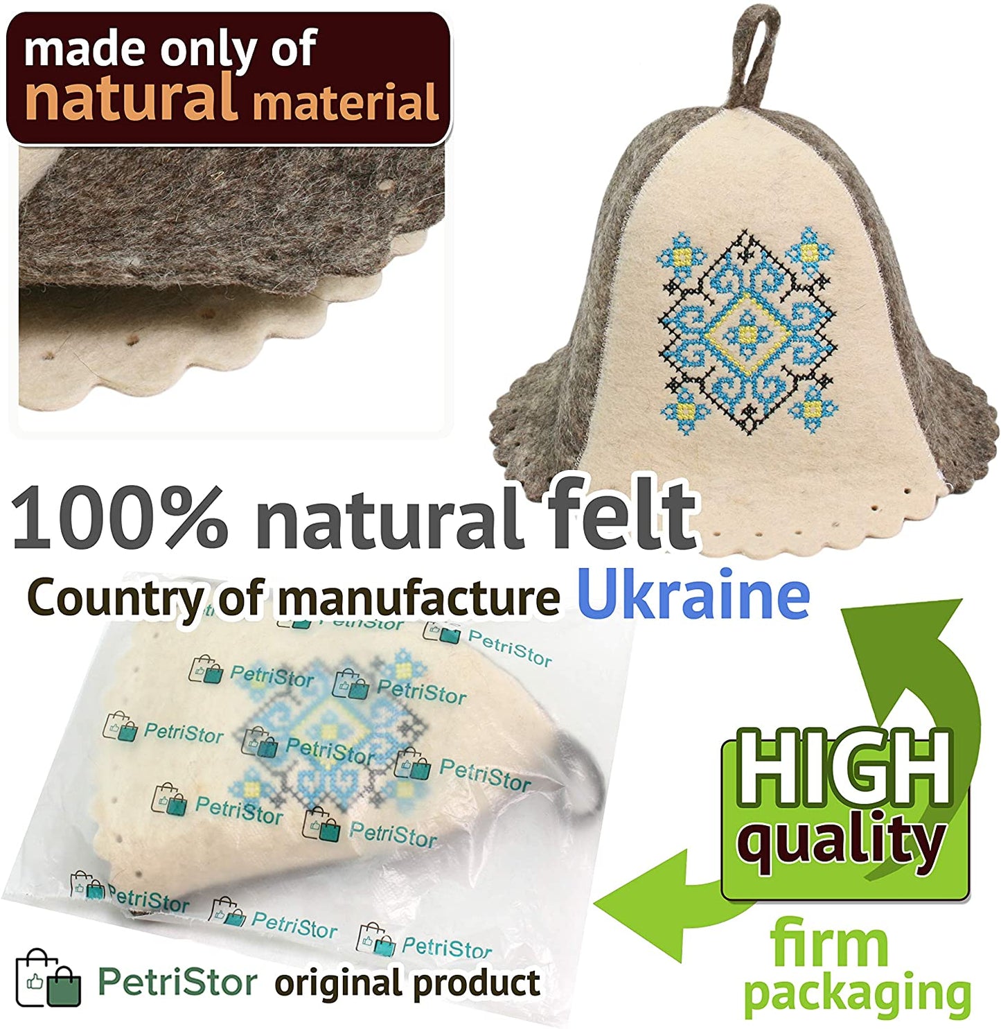 Sauna Hat Ukrainian Ornament Blue Hat for Man/Woman Natural Felt