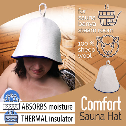PetriStor Sauna Hat Comfort - Sauna Hat for Women - Wool Sauna Hat - Sauna Hat for Men - Bathhouse hat - Natural Felt Sauna Cap (White with Blue)