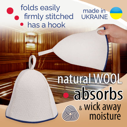 PetriStor Sauna Hat Comfort - Sauna Hat for Women - Wool Sauna Hat - Sauna Hat for Men - Bathhouse hat - Natural Felt Sauna Cap (White with Blue)
