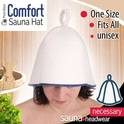 PetriStor Sauna Hat Comfort - Sauna Hat for Women - Wool Sauna Hat - Sauna Hat for Men - Bathhouse hat - Natural Felt Sauna Cap (White with Blue)