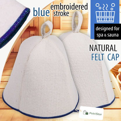 PetriStor Sauna Hat Comfort - Sauna Hat for Women - Wool Sauna Hat - Sauna Hat for Men - Bathhouse hat - Natural Felt Sauna Cap (White with Blue)