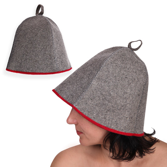PetriStor Sauna Hat Comfort - Sauna Hat for Women - Wool Sauna Hat - Sauna Hat for Men - Bathhouse hat - Natural Felt Sauna Cap (Gray with red)