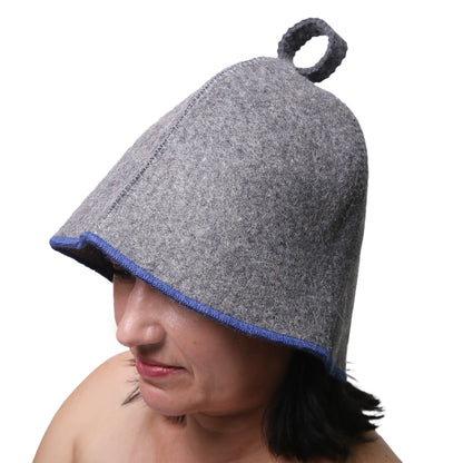 PetriStor Sauna Hat Comfort - Sauna Hat for Women Men - Wool Sauna Hat - Bathhouse hat - Natural Felt Sauna Cap (Gray with Blue) Unisex