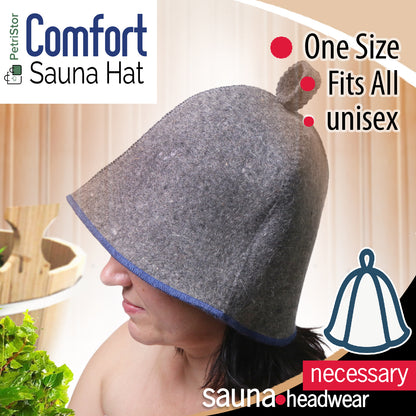 PetriStor Sauna Hat Comfort - Sauna Hat for Women Men - Wool Sauna Hat - Bathhouse hat - Natural Felt Sauna Cap (Gray with Blue) Unisex