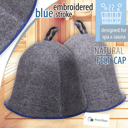 PetriStor Sauna Hat Comfort - Sauna Hat for Women Men - Wool Sauna Hat - Bathhouse hat - Natural Felt Sauna Cap (Gray with Blue) Unisex