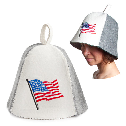 PetriStor Sauna Hat American Flag with Pole - Sauna Hat for Men - Finnish Bathhouse Hat - Natural Felt Sauna Cap - USA Flag