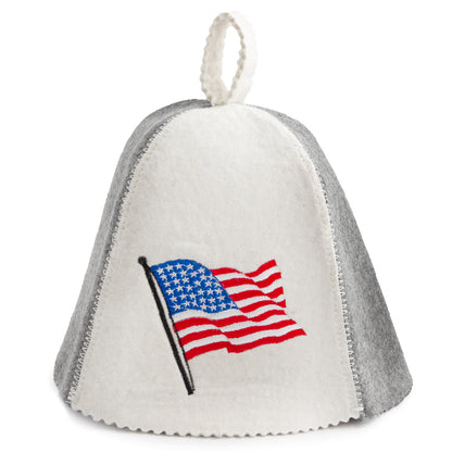 PetriStor Sauna Hat American Flag with Pole - Sauna Hat for Men - Finnish Bathhouse Hat - Natural Felt Sauna Cap - USA Flag