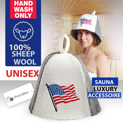 PetriStor Sauna Hat American Flag with Pole - Sauna Hat for Men - Finnish Bathhouse Hat - Natural Felt Sauna Cap - USA Flag