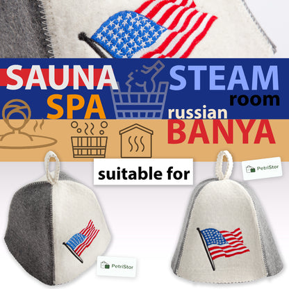 PetriStor Sauna Hat American Flag with Pole - Sauna Hat for Men - Finnish Bathhouse Hat - Natural Felt Sauna Cap - USA Flag