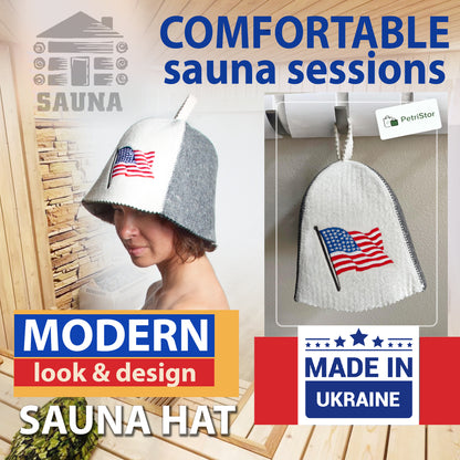 PetriStor Sauna Hat American Flag with Pole - Sauna Hat for Men - Finnish Bathhouse Hat - Natural Felt Sauna Cap - USA Flag