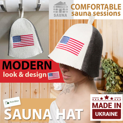 PetriStor Sauna Hat American Flag - Sauna Hat for Men - Finnish Bathhouse Hat - Natural Felt Sauna Cap - USA Flag