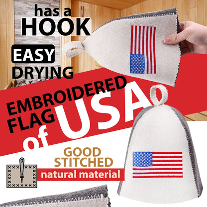 PetriStor Sauna Hat American Flag - Sauna Hat for Men - Finnish Bathhouse Hat - Natural Felt Sauna Cap - USA Flag