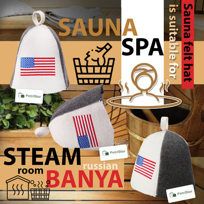 PetriStor Sauna Hat American Flag - Sauna Hat for Men - Finnish Bathhouse Hat - Natural Felt Sauna Cap - USA Flag