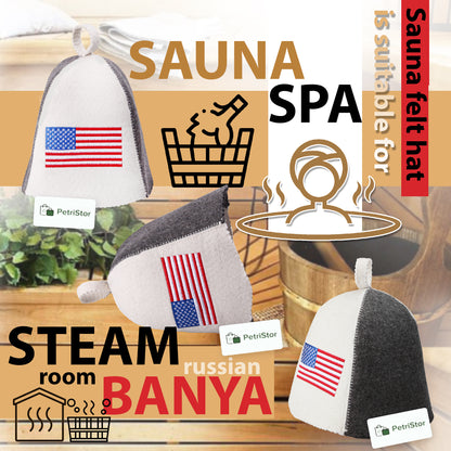 PetriStor Sauna Hat American Flag - Sauna Hat for Men - Finnish Bathhouse Hat - Natural Felt Sauna Cap - USA Flag