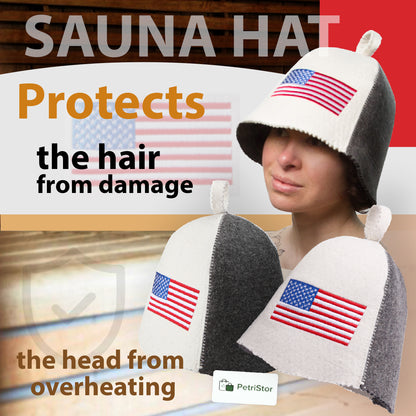 PetriStor Sauna Hat American Flag - Sauna Hat for Men - Finnish Bathhouse Hat - Natural Felt Sauna Cap - USA Flag