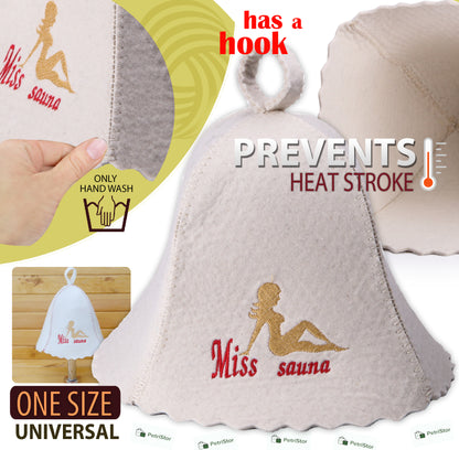 Wool Sauna Hat for Women Miss Sauna Protect Hair - Banya Hat for Men - Felt Wool 100% Natural - Sauna Hair Protector