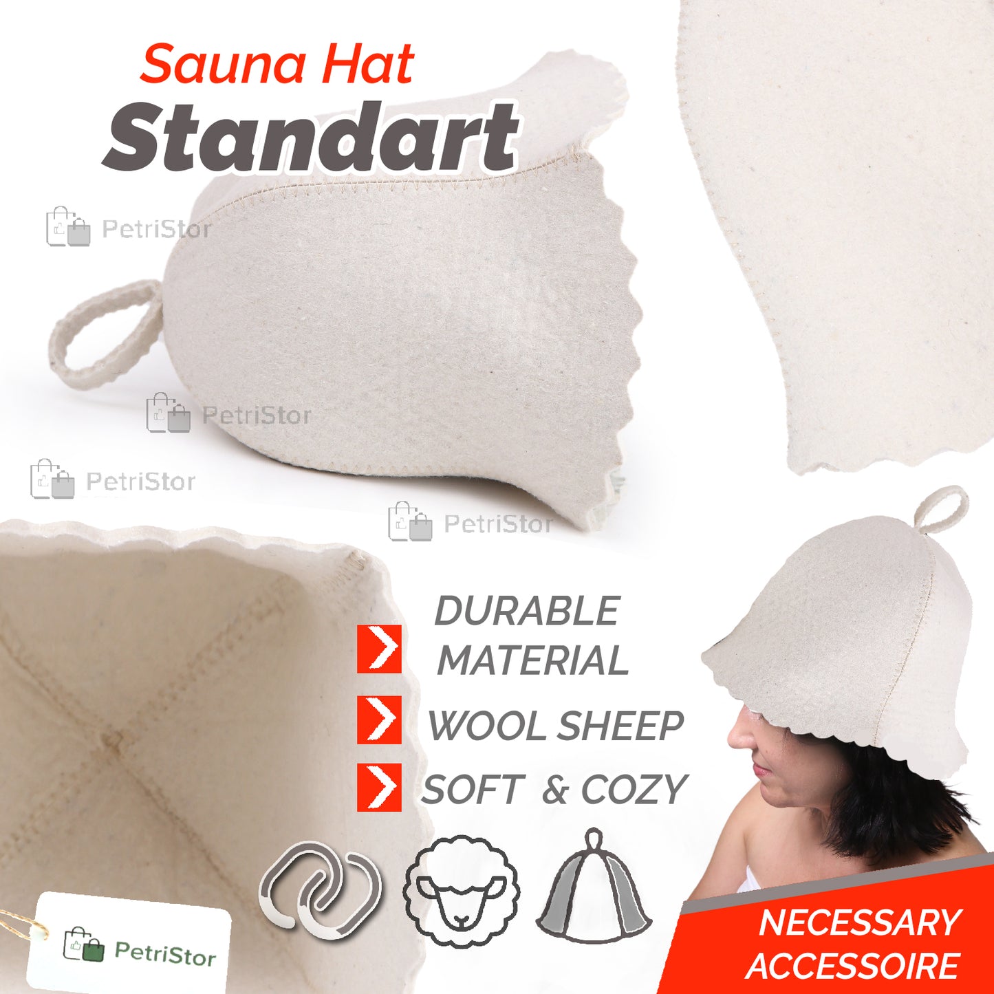 PetriStor Sauna Hat Standard - Sauna Hat for Women - Wool Sauna Hat - Sauna Hat for Men - Bathhouse hat - Natural Felt Sauna Cap (White)